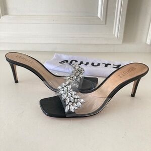 NWOT Schutz Anthropologie Shary Low Rhinestone Crystal Black Heels Sz 7